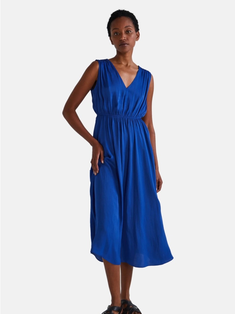 Monoprix Women’s Sleeveless V-Neck Satin Midi Dress Cobalt Blue Fit Flare Size L
